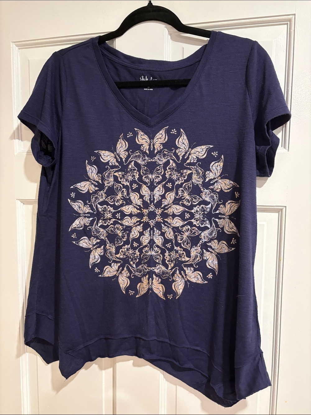 Style & Co. Navy V-Neck Tee with Cream Mandala Graphic